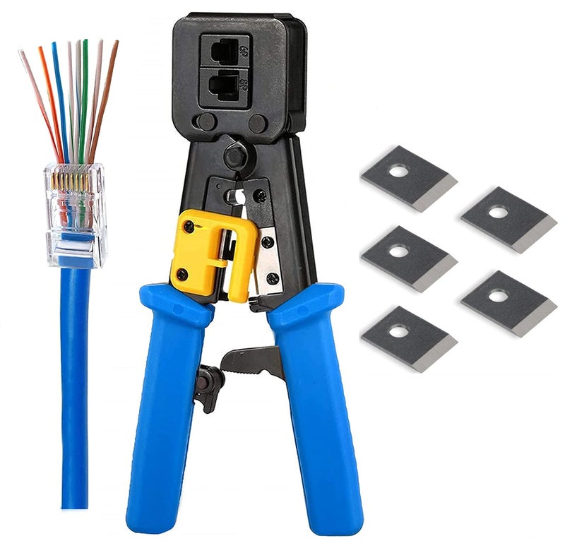 PETECHTOOL RJ45 Crimp Tool Ethernet Pass Thru Crimper with 5Pack 8Pin Replacement Blades for Pass Through Cat5 Cat5e Cat6 RJ45 RJ12 Regular and End Pass Through connectors - Image 1